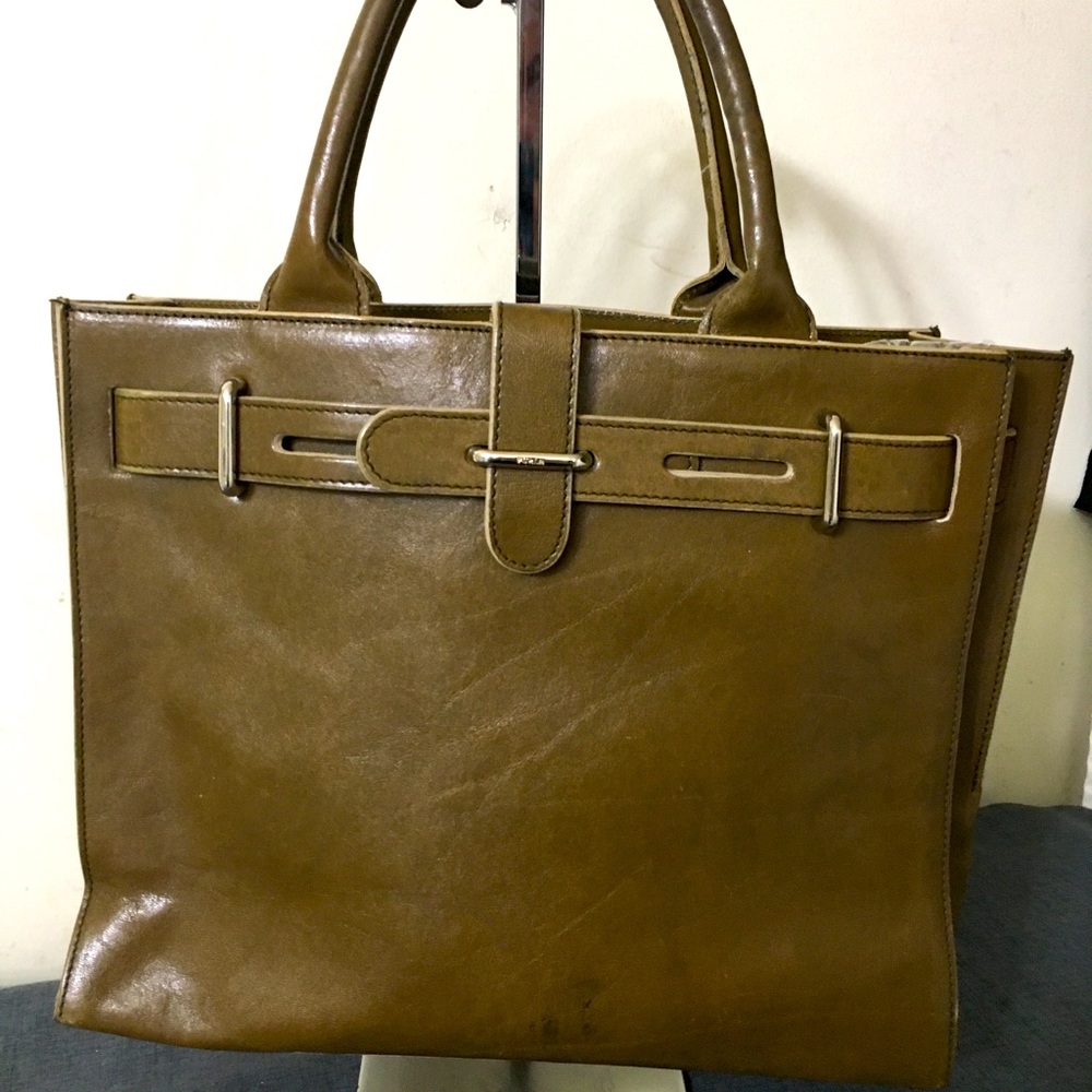 Furla olive green leather handbag w/ dust bag